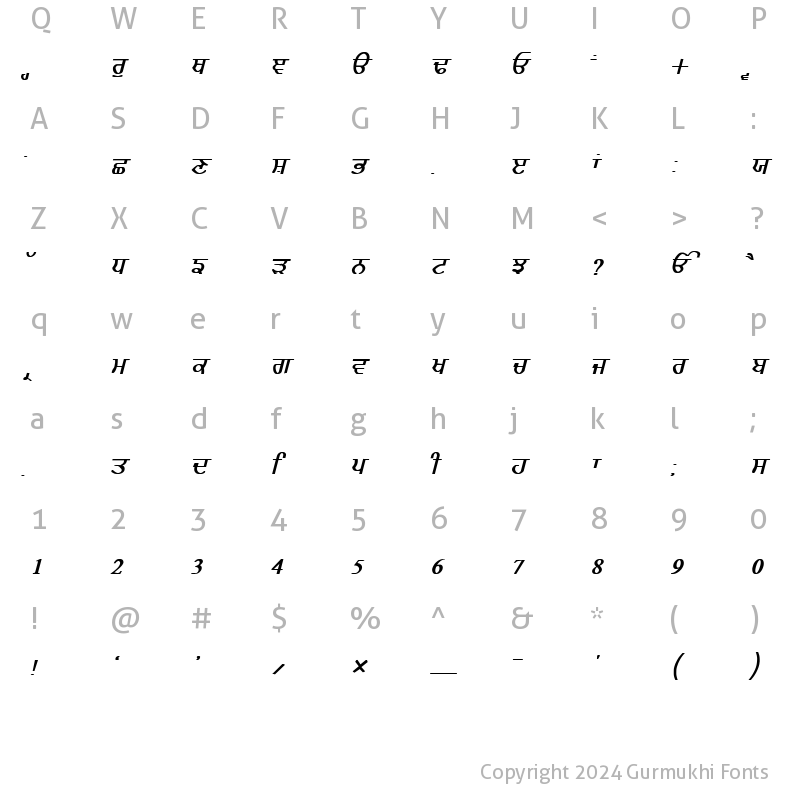 Character Map of GurmukhiLys 020 Bold Italic Normal